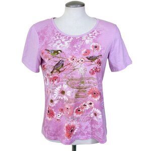 Womens Short Sleeve Round Neck Top Size M Floral Bird Graphics Pink Embellished